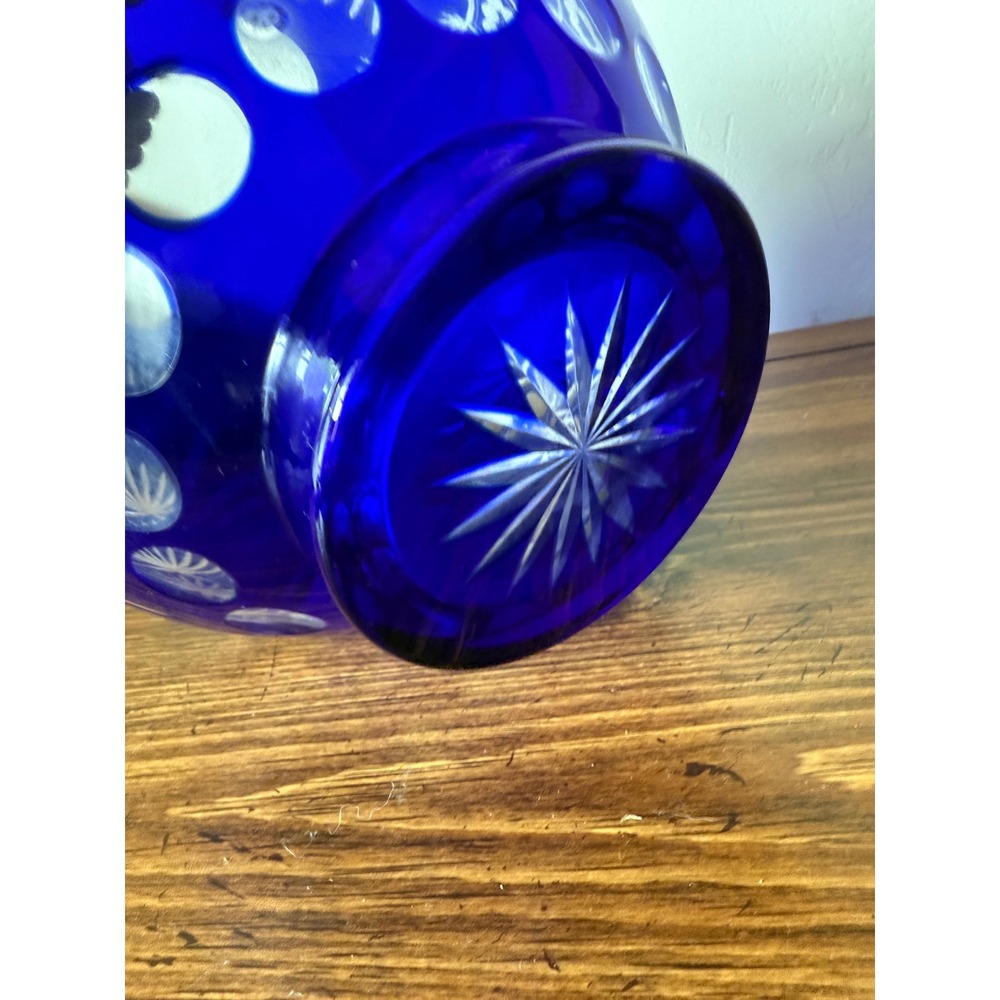 Cobalt Blue Cut to Clear Glass Rose Bowl Vase Star Fan Round Orb Bohemian 6.5" - Picture 7 of 11